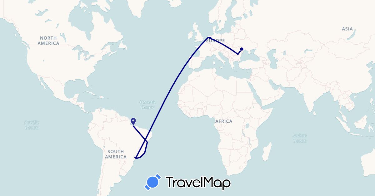 TravelMap itinerary: driving in Brazil, Moldova, Netherlands, Romania (Europe, South America)